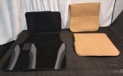 (1) 4-Piece Beiqitong Car Floor Mat Set, Carpeted, Black/ Grey & (1) 2-Pack Of Taikoo Car Back Of Seat Protectors, Brown Checkered Vinal W/ Storage Pocket