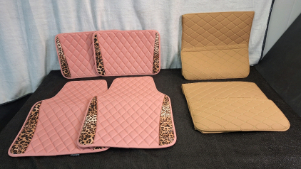 (1) 4-Piece Beiqitong Car Floor Mat Set, Brown Leopard Print & Checkered Pink Vinal & (1) 2-Pack Of Taikoo Car Back Of Seat Protectors, Brown Checkered Vinal W/ Storage Pocket