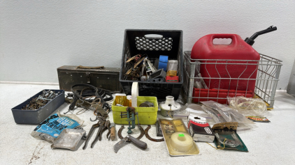 Assorted Garage Items ,Tools ,Vintage Ammo Can w/Screws inside , Gas Can , Vintage Milk Crate and more .