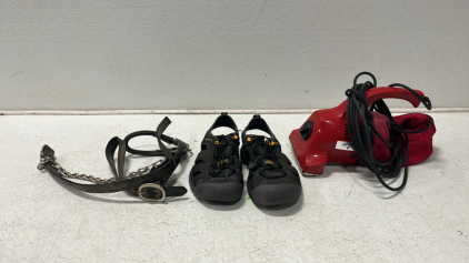 Vintage Red Dirt Devil Hand Vac, Keen Sandals Size 9, Horse Lead Rein, Tote Of Variety Of Yarn