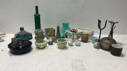 Unique Collection of Vintage Glassware And Trunk,Vintage Floral Teapot,1950s Bartlett Collons Bud Vase Castilian Imports Silver Plated Basket, Vintage Hazel Atlas Reflections Green Glass Bowl, Vintage Tea Cup, Vontage Style Grey Glass Cube, Kerr Jar Wine