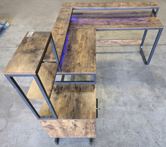 Large Wood-Style Vinyl Covered Particle Board RGB L-Desk w/ Metal Frame & File Cabinet & Integrated Power Strip - 34&frac34;"-46"H x 86"W(Total Width, Corner to Corner)