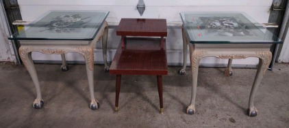(2) 22"x 27"x 24" A Paris, Painted Glass Top End Tables (1) 16"x 24&frac12;"x 21&frac12;" Mid-century End Table Vintage