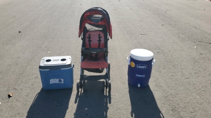 5 Gallon Igloo Water Cooler and 18Qt Cooler Coleman And A Kolcraft Stroller