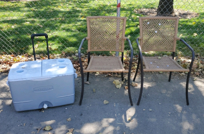 (2)Outdoor Patio Chairs and Rubbermaid Cooler On Wheel