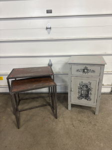 (1) 2-Tier Metal Framed Tables 25&rdquo;x16&rdquo;x24.5&rdquo; & (1) Grey And Black Design Wooden Night Stand 19&rdquo;x16&rdquo;31.5&rdquo;