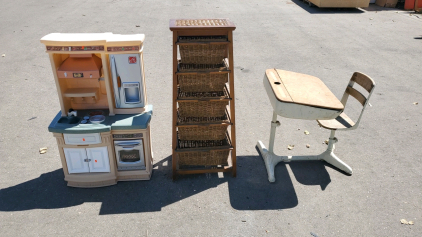 Vintage School Desk, 5 Tier Basket Shelf and Fisher Price Kitchen Set