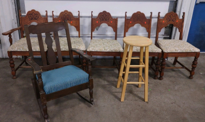 (1) Vintage Rocking Chair, (1) (Tan) Stool, & (5) Matching Vintage Dining Chairs