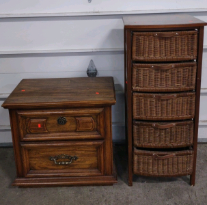 (1) 17&frac12;"x 16&frac12;"x 41&frac12;" 5-Drawer Wooden Wicker Storage Rack & (1) 26"x 16"x 2' 2-Drawer Wooden Nightstand