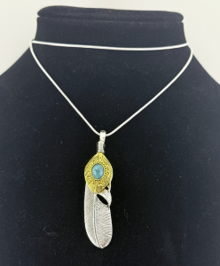 (1) Tibetan Silver Feather w/ Turquoise Inset .925 Necklace