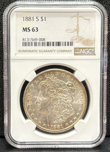 1881 S Morgan Silver Dollar, MS 63, NGC Graded, Serial 8131569-008
