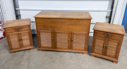 (1) Vintage Record Cabinet 33&rdquo;Tx19&rdquo;Wx44&rdquo;L & (2) Side Tables 25&rdquo;Tx17&rdquo;Wx21&rdquo;L