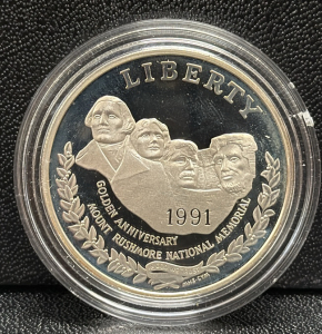 1991 Mount Rushmore Golden Anniversary Commemorative Coin, Silver, One Dollar