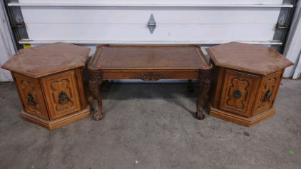 (2) 23"x 23"x 19&frac12;" Hexagon Storage Cabinets & (1) 21"x 37"x 18&frac12;" Small Wooden Coffee Table
