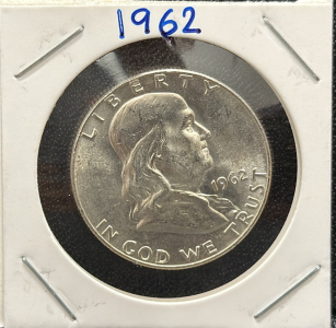 1962 Franklin Half Dollar Coin, 90% Silver, No Mint Mark