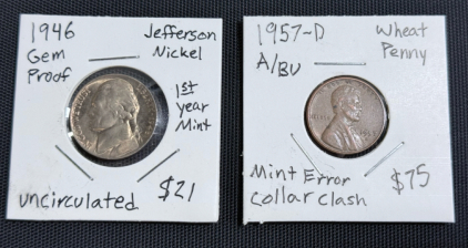 (1) 1946 Jefferson Nickel & (1) 1957 Wheat Penny With Mint Error-Collar Clash
