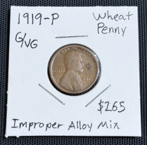 (1) 1919 Wheat Penny- Improper Alloy Mix