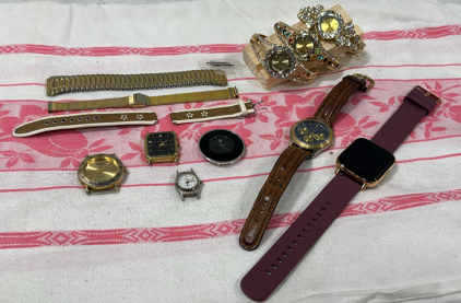 Assorted Watches & Bands (1) Elgin Quartz Blue Face Watch w/Band (1) Time Gold Color Watch WO/ Band (3) Decorative Women&rsquo;s Watches (1) Generic Smart Watch wo/ Charger and More