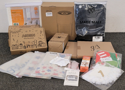 (2) Air Purifyer Filtration Systems, Queen Mattress Protector, Mage Male Black 5 Piece Suit, Party Decorations, And More