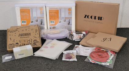 2) Queen Mattress Protectors, Zoopip Fireproof File Organizer, Party Decorations, Bread Maling Supplies, And More