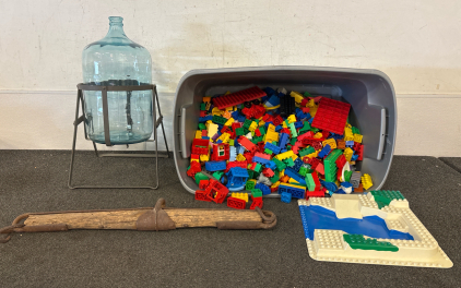 Water Jug with Stand, Antique Wooden Horse Harness, Tote of Assorted Legos