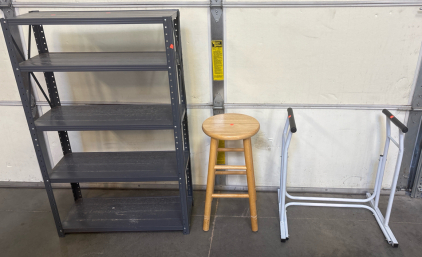 Toilet Safety Support, Shelving H 3&rsquo; 9&rdquo; W 2&rsquo; 6&rdquo;, Wooden Stool H 1&rsquo; 9&rdquo; W 1&rsquo; 1&rdquo;