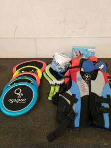Three Life Jackets including brands like SWS classic women's small Jobe youth size5 Sports disks Unicorn Float