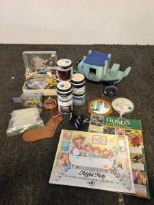 Assorted paints and antique collectibles with a box of cool hair pins