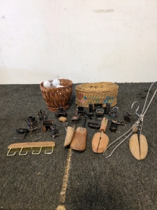 Antique shoe horns and mini figurines