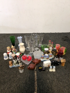 Salt and pepper shakers and vintage float glasses and a couple vases