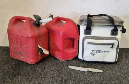 (2)5Gal Gas Cans, Coho Cooler with Knife