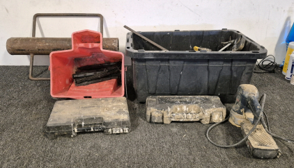 Fence Post Driver, Tub of Clamps, Campbell Hausfeld Nail Gun(Unable to Test), Husky Tool Set, Bosch Sander(Works), Bucket with Stakes