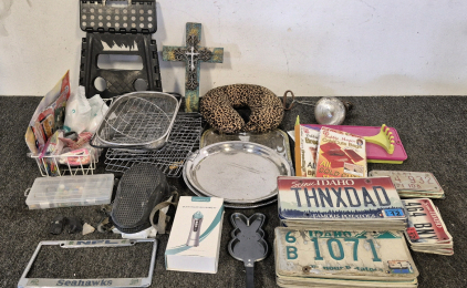 Vintage Serving Plates(3), Kitchen Wear, Steel Stool, Wall Decor, Clamp Light, Neck Pillow, Blackhead Instrument, Garden Knee Pad, Seahawks License Plate Cover, Box of Miscellaneous jewelry, Box of Miscellaneous Crafts, Old License Plates(Car, Motorcycle