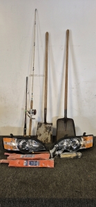 (2) Shovels, (2) Fishing Rods, (4) Husqvarna Mulch Blades(3Pack), Faucet, Pop-up Drain, 2005 Subaru Legacy Depo Replacement Headlights(Right and Left)