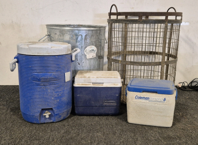 Trash Can, 5Gal Jug, Metal Harvest Can, (2) Small Coolers