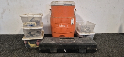 Tool Box, Igloo 5Gal Jug, Straps, Chainsaw and Clips, Horse Snacks(New), Hair(Animal) Clippers, Scissors (2)