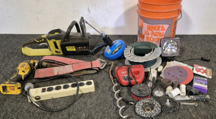Ryobi Brushless Chainsaw Motor, (Unable to Test)Dewalt Brushless Multi-Tool(20V)(Unable to Test), Drill Powered Drain Auger(25ft)(Unable to Test), Milwaukee 12V Battery Charger (Unable to Test), Surge Protectors(Works), Sanders, Grinders, Light(Unable to