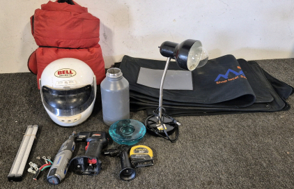 Stanley 30' Measure Tape, Air Hawk Air Compressor(Unable to Test), Dremel(Unable to Test), Dragon Torch, Desk Light(Unable to Test), LED Light Strips(Unable to Test), Bell Helmet, Sleeping Bag, Water Bottle, (4) Floor Mats From Boise Matress(57"&times;18"), Ga
