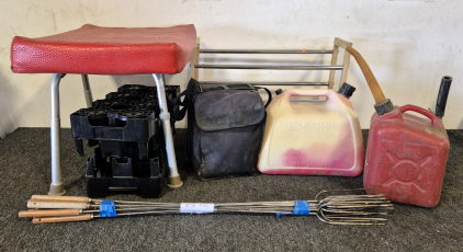 (2) Gas Cans, Bench Seat, Shoe Rack, Coca-Cola Bottle Holders, Hot Dog Sticks, Respironic Sleep Breather(Works)