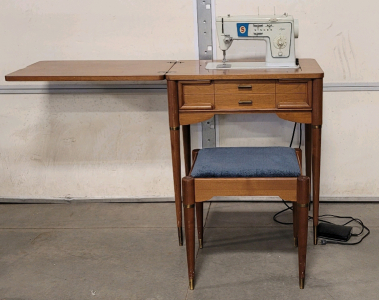 Antique Sewing Machine Table With Singer Machine And Attachments