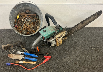 Vintage Lombard Chainsaw & Bucket Of Nuts, Bolts & Small Parts