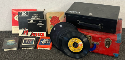 (3) 8-Tracks, High Fidelity Magnetic Tape, Records W/ No Sleeves, Red Suitcase & Lockbox (No Key)