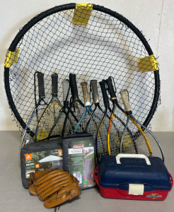 Spikeball Net, (9) Tennis Rackets, (2) Sunwall Shades, Tackle Box & Baseball Glove