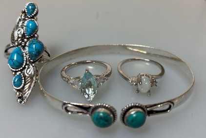 Size 7 1/2 Long Turguoise 5 Stone Ring, Tunguoise Cuff Bracelet, Size 10 Aguamarine Princess Cut Ring, And Size 9 1/2 Fire Opal Ring