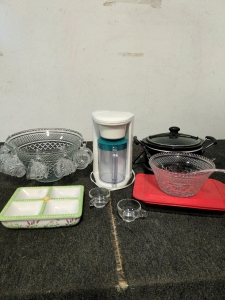 Two Punch Bowls pyrex casserole dish and case and iced tea maker and a small crockpot