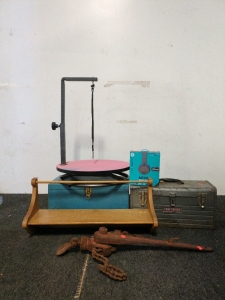 Dog grooming table headphones and and antique fence stretcher two boxes