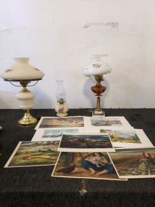 Three lamps one wick gas lamp and one without a plug