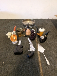 Antique cologne bottles and silver sugar dish and a pie cutter