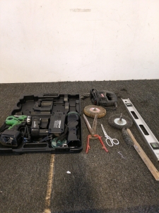 Hitachi drill and flashlight set and assortment of tools