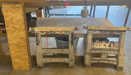 (2) Adjustable Sawhorse and (9) Pieces of Plywood H 3&rsquo; 9&rdquo; W 1&rsquo;